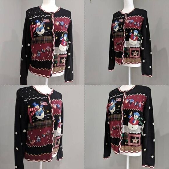 Ugly Christmas Sweater Black Holiday Patriotic Snowman Cardigan Crewneck Size MP - Picture 5 of 8